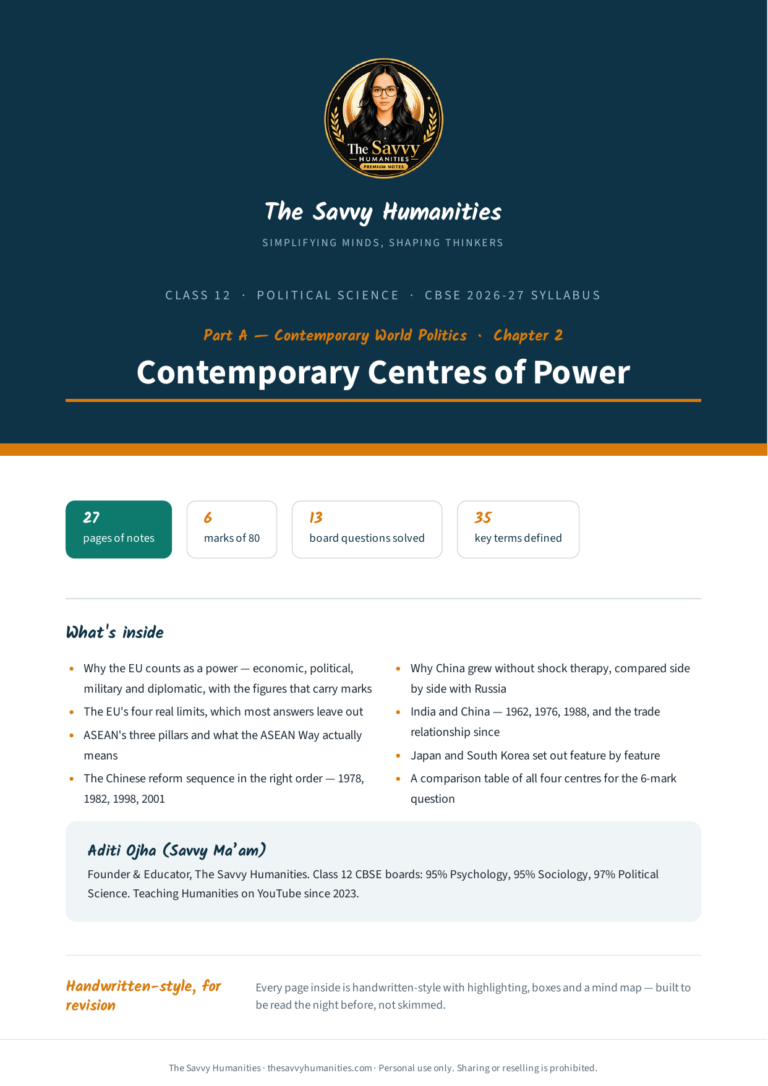 Cover of The Savvy Humanities Class 12 Political Science Part A Chapter 2 handwritten-style notes on Contemporary Centres of Power