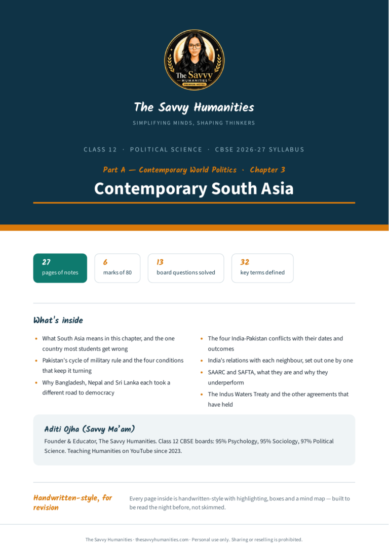 Cover of The Savvy Humanities Class 12 Political Science Part A Chapter 3 handwritten-style notes on Contemporary South Asia