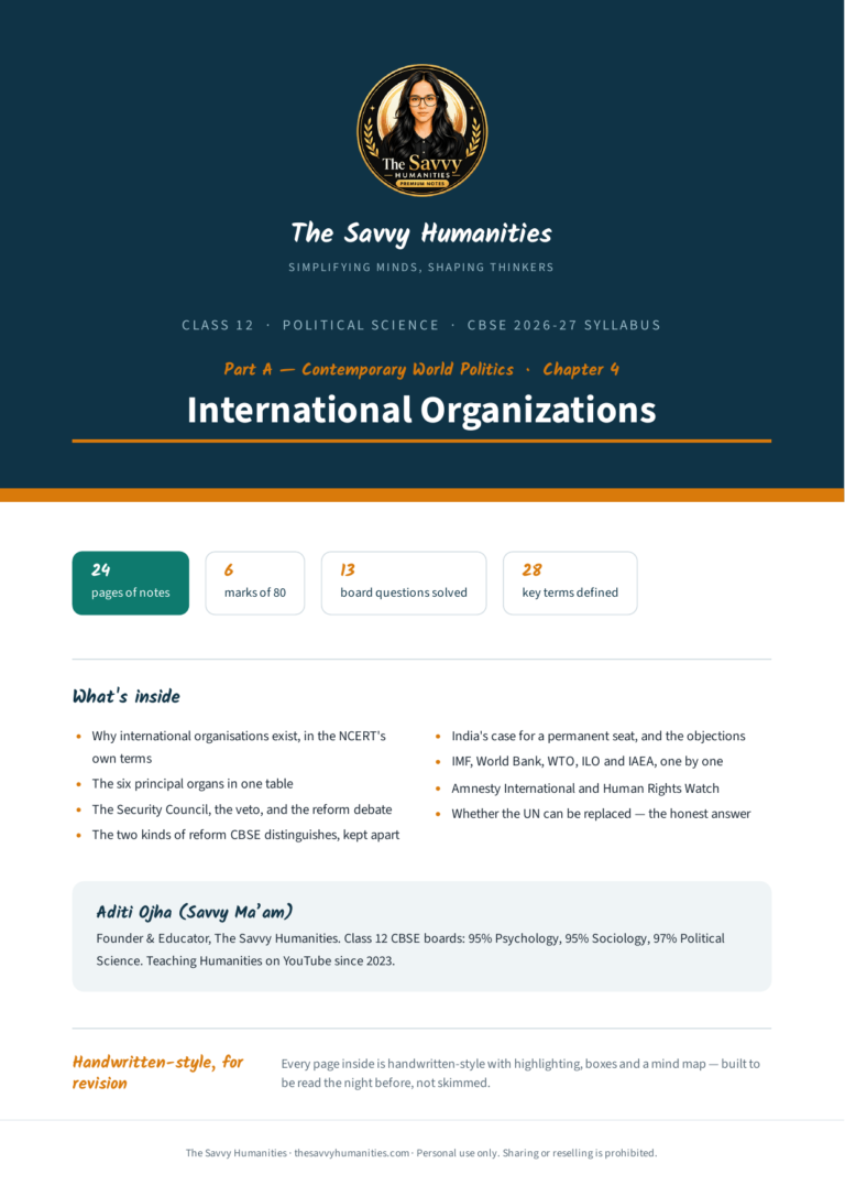 Cover of The Savvy Humanities Class 12 Political Science Part A Chapter 4 handwritten-style notes on International Organizations