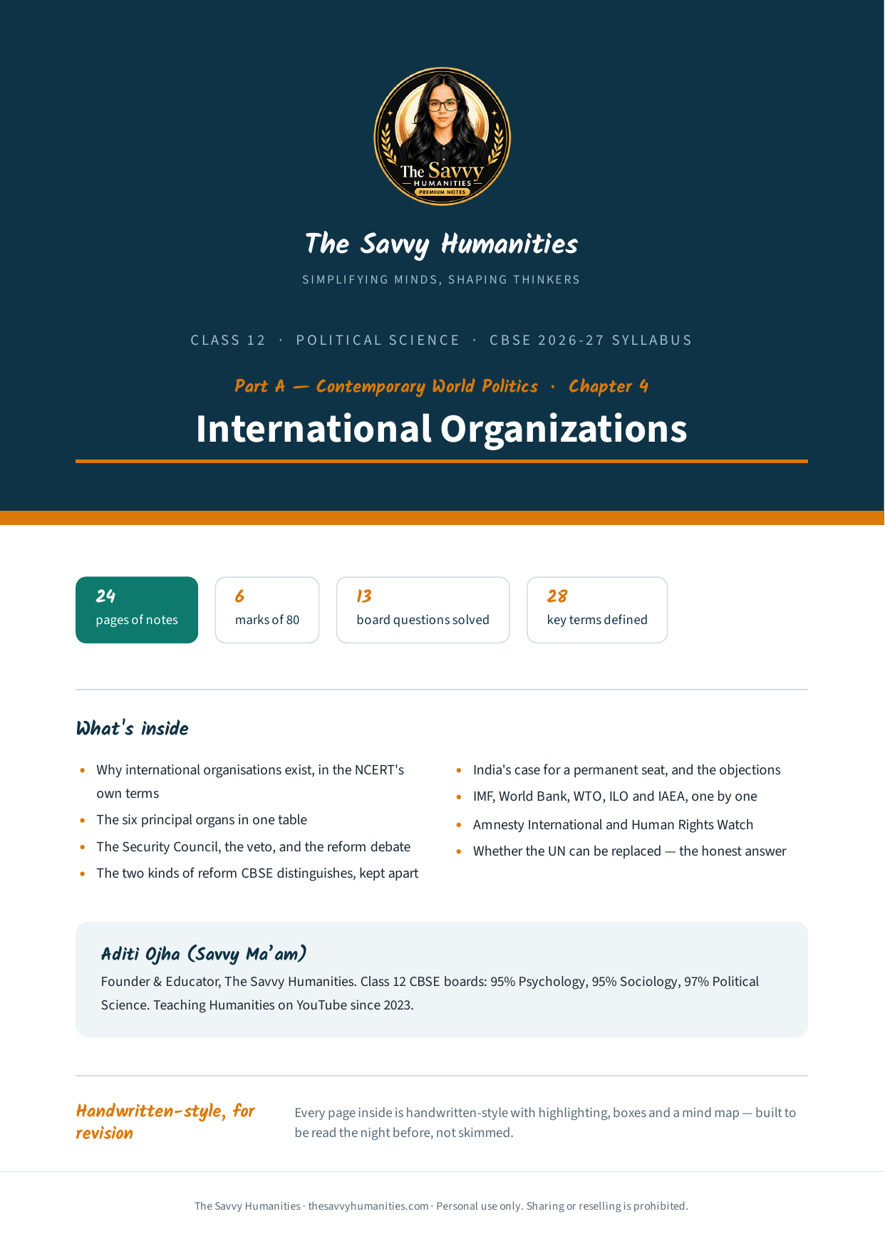 Class 12 Political Science Part A Chapter 4 — International Organizations notes cover Cover of The Savvy Humanities Class 12 Political Science Part A Chapter 4 handwritten-style notes on International Organizations