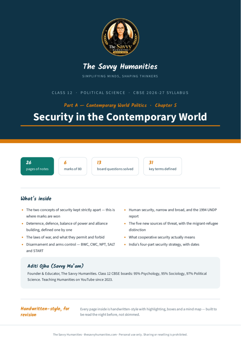 Cover of The Savvy Humanities Class 12 Political Science Part A Chapter 5 handwritten-style notes on Security in the Contemporary World