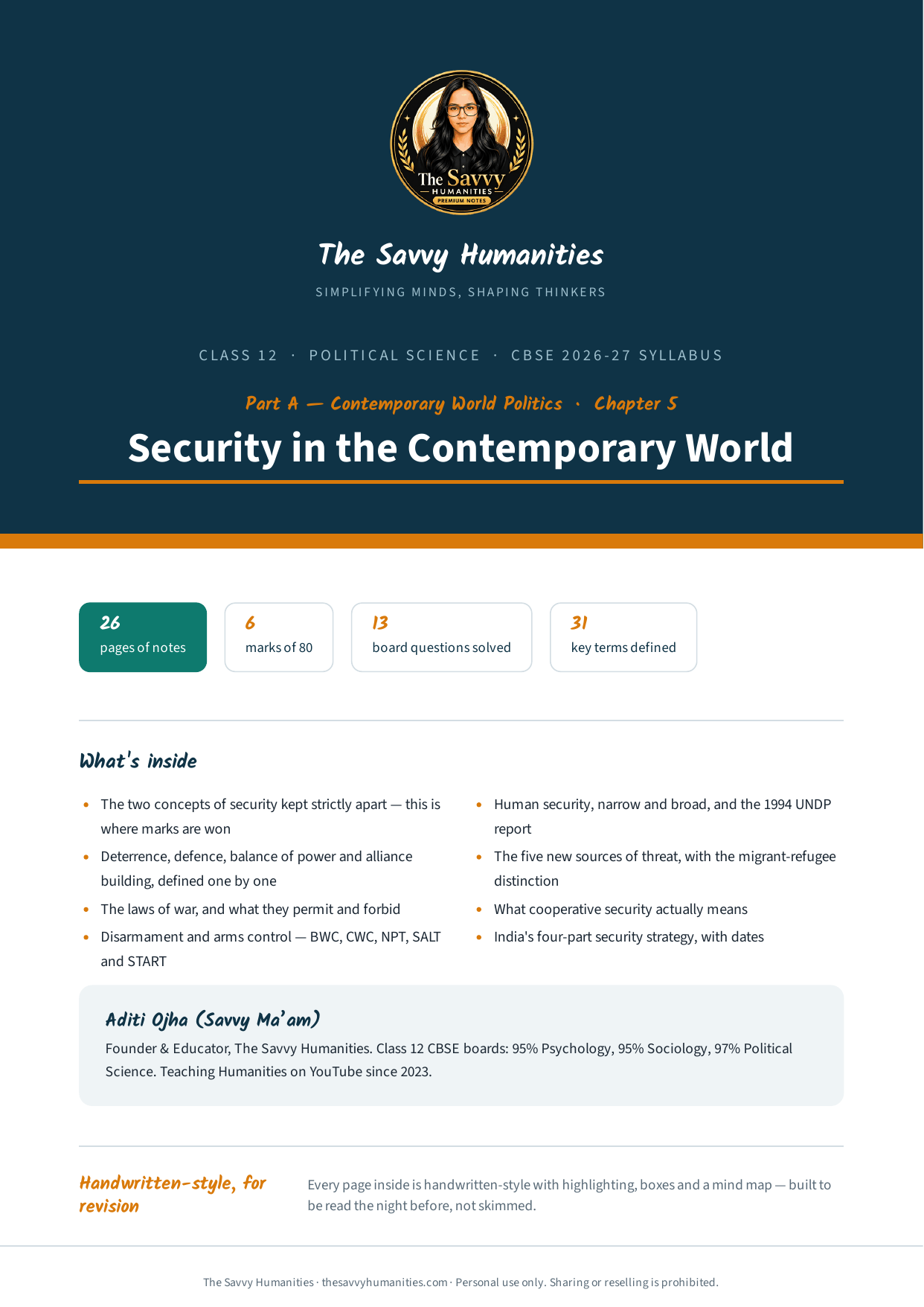 Class 12 Political Science Part A Chapter 5 — Security in the Contemporary World notes cover Cover of The Savvy Humanities Class 12 Political Science Part A Chapter 5 handwritten-style notes on Security in the Contemporary World