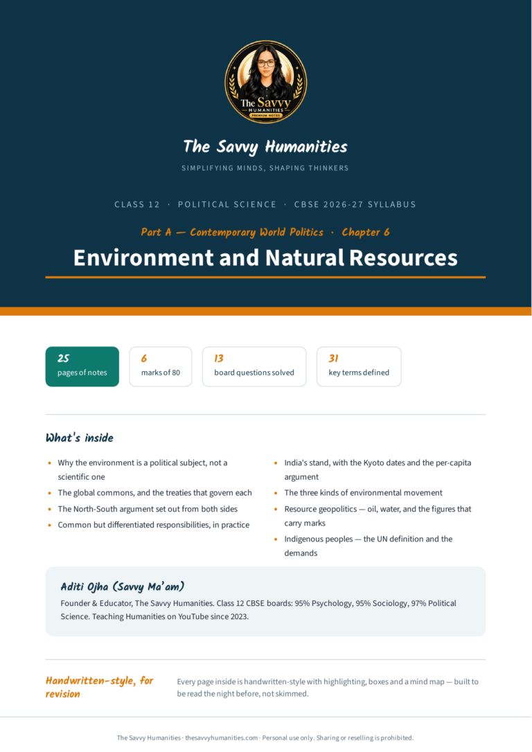 Cover of The Savvy Humanities Class 12 Political Science Part A Chapter 6 handwritten-style notes on Environment and Natural Resources