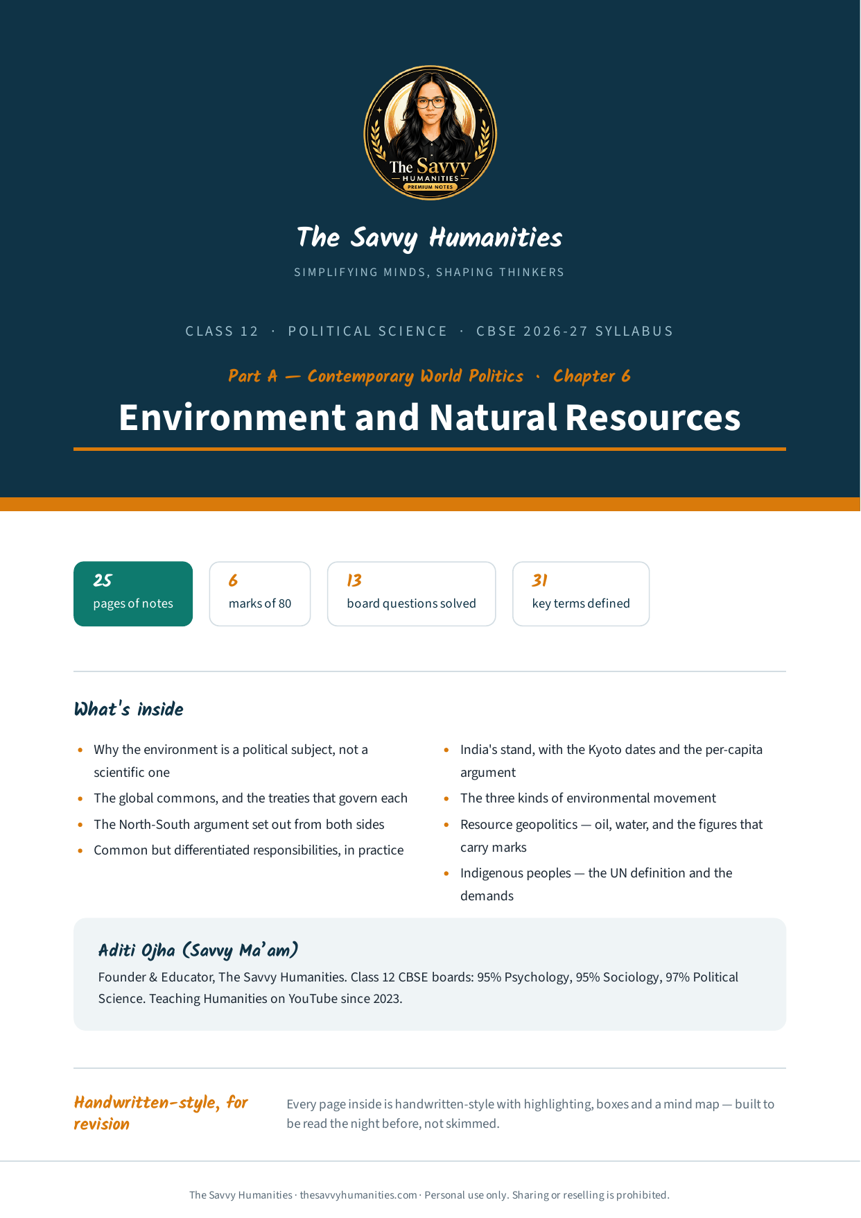 Class 12 Political Science Part A Chapter 6 — Environment and Natural Resources notes cover Cover of The Savvy Humanities Class 12 Political Science Part A Chapter 6 handwritten-style notes on Environment and Natural Resources