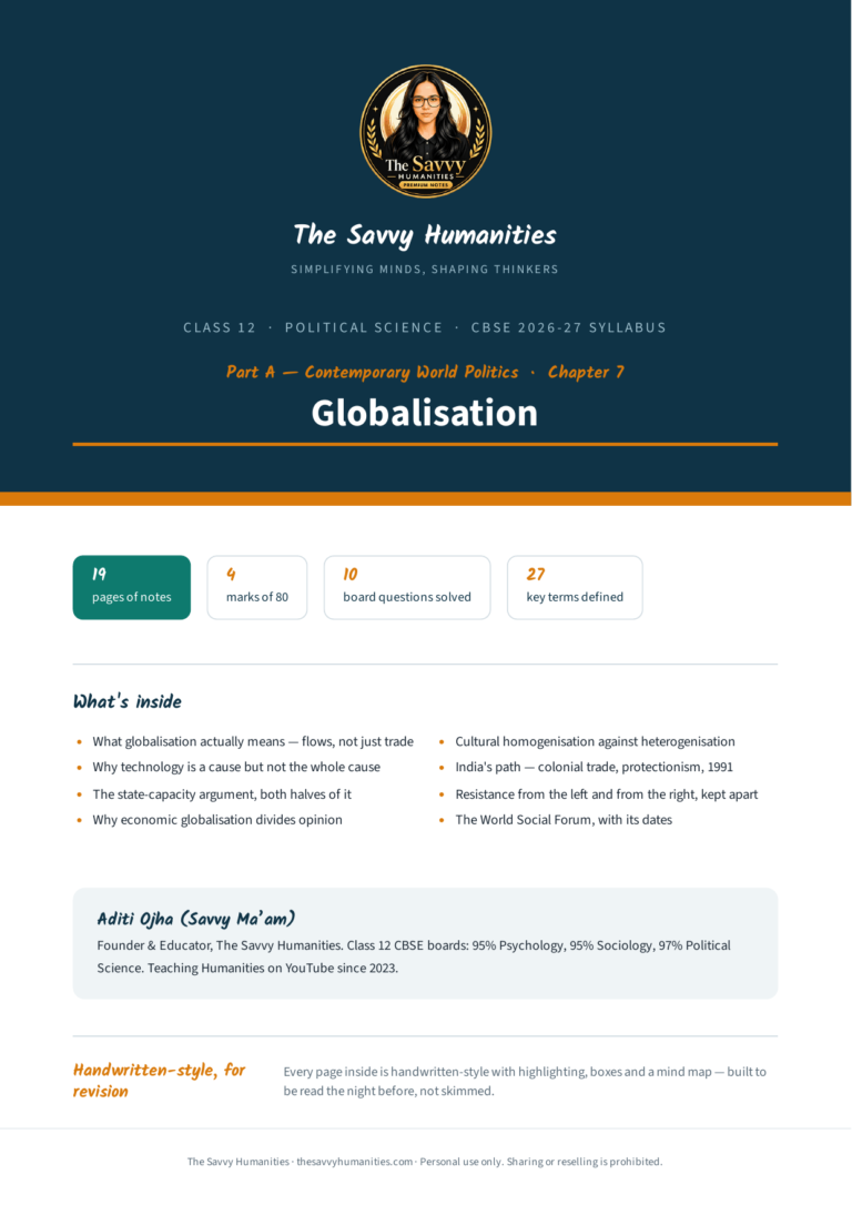 Cover of The Savvy Humanities Class 12 Political Science Part A Chapter 7 handwritten-style notes on Globalisation