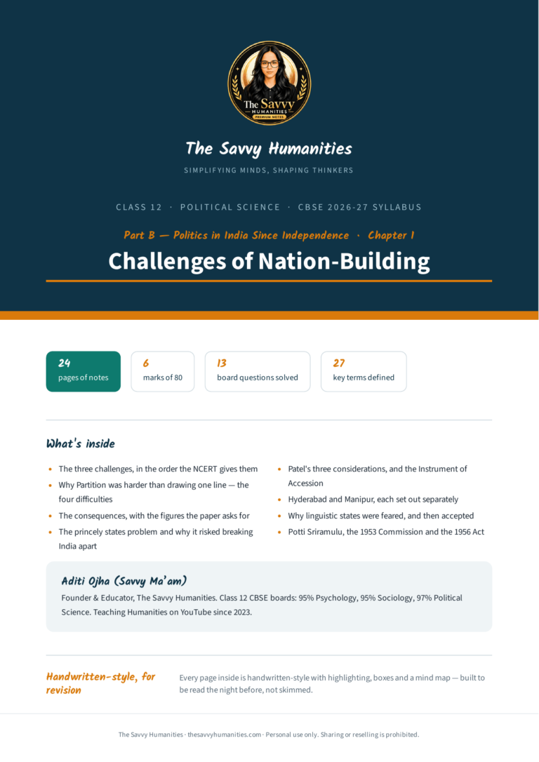 Cover of The Savvy Humanities Class 12 Political Science Part B Chapter 1 handwritten-style notes on Challenges of Nation-Building, covering Partition, the princely states and the reorganisation of states