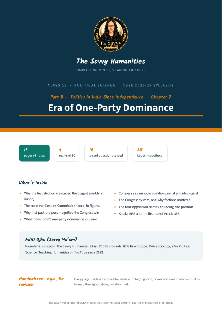 Cover of The Savvy Humanities Class 12 Political Science Part B Chapter 2 handwritten-style notes on Era of One-Party Dominance, covering the first general election, Congress dominance and the opposition parties