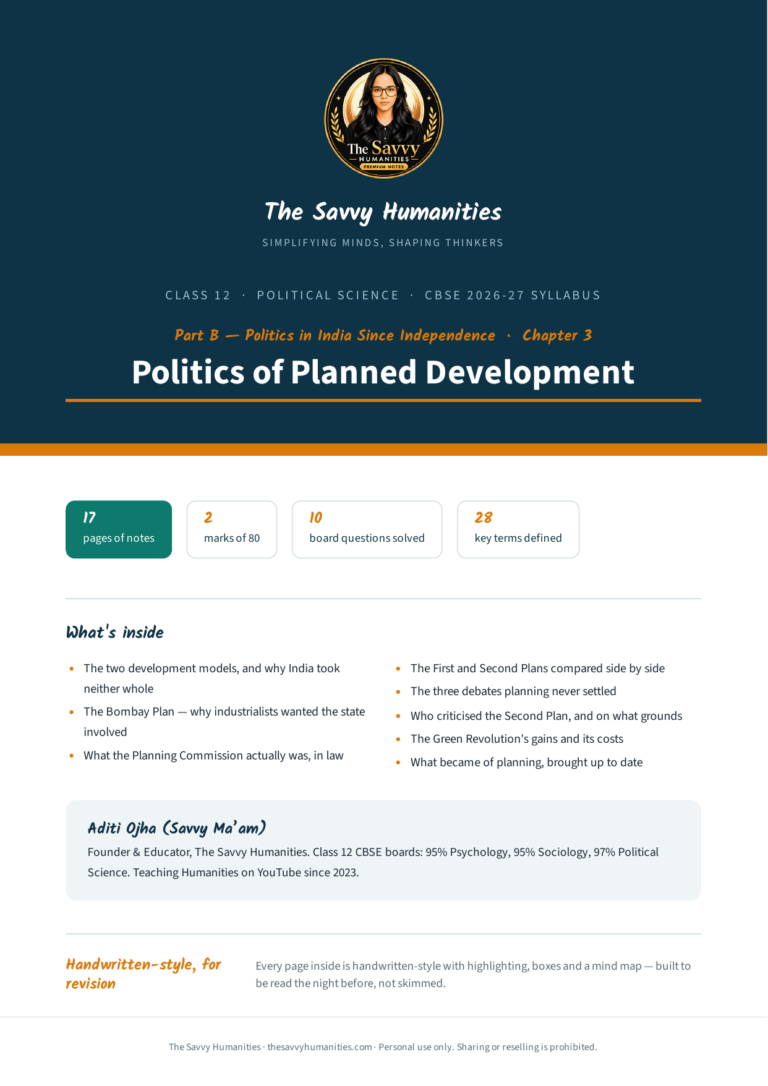 Cover of The Savvy Humanities Class 12 Political Science Part B Chapter 3 handwritten-style notes on Politics of Planned Development, covering the Five Year Plans, the Planning Commission and the Green Revolution