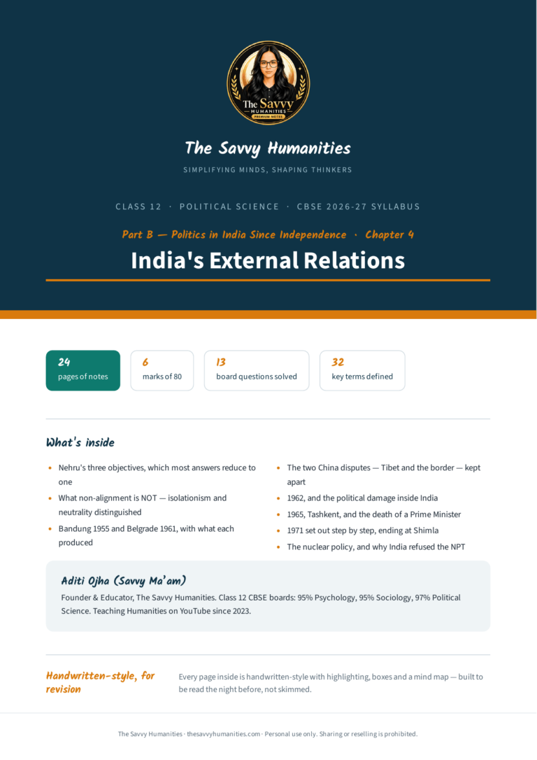 Cover of The Savvy Humanities Class 12 Political Science Part B Chapter 4 handwritten-style notes on India's External Relations, covering non-alignment, the China and Pakistan conflicts and India's nuclear policy