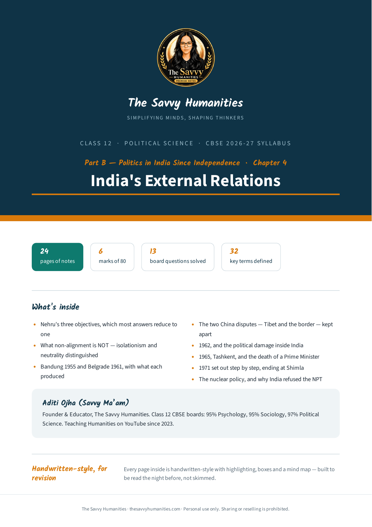 Class 12 Political Science Part B Chapter 4 — India's External Relations notes cover Cover of The Savvy Humanities Class 12 Political Science Part B Chapter 4 handwritten-style notes on India's External Relations, covering non-alignment, the China and Pakistan conflicts and India's nuclear policy