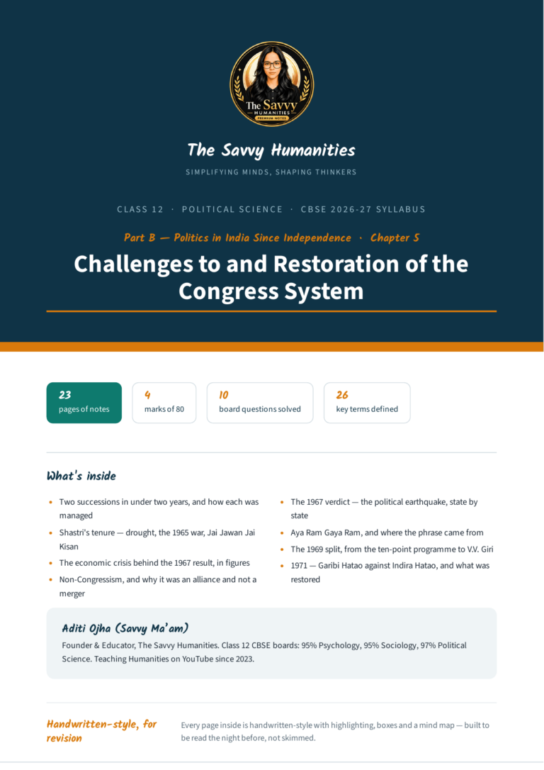 Cover of The Savvy Humanities Class 12 Political Science Part B Chapter 5 handwritten-style notes on Challenges to and Restoration of the Congress System, covering the successions, the 1967 election, the 1969 split and 1971