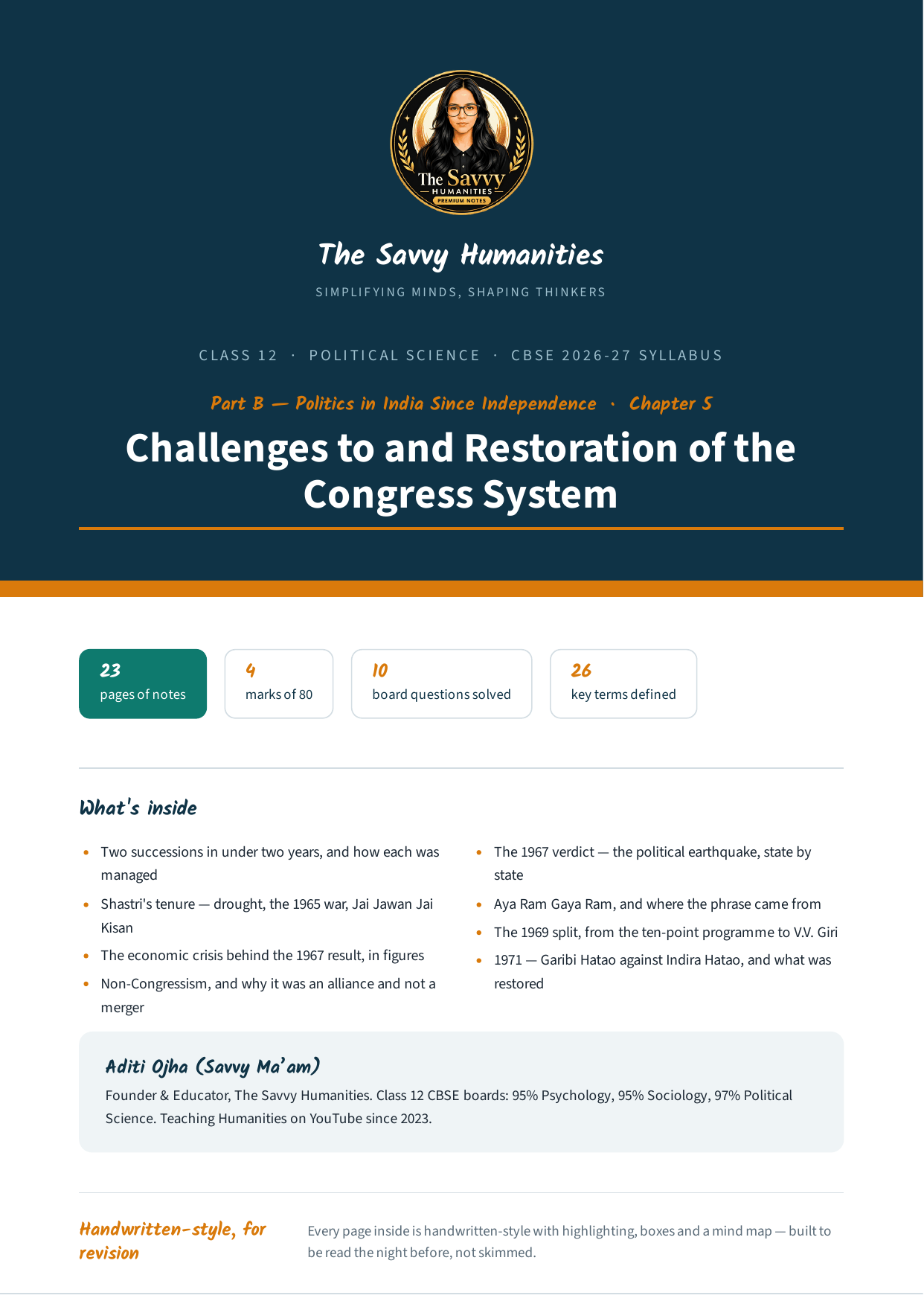 Class 12 Political Science Part B Chapter 5 — Challenges to and Restoration of the Congress System notes cover Cover of The Savvy Humanities Class 12 Political Science Part B Chapter 5 handwritten-style notes on Challenges to and Restoration of the Congress System, covering the successions, the 1967 election, the 1969 split and 1971