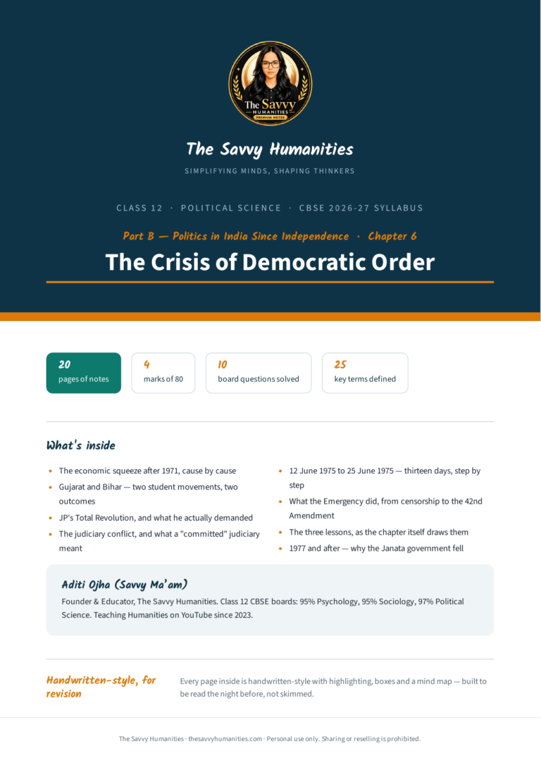 Cover of The Savvy Humanities Class 12 Political Science Part B Chapter 6 handwritten-style notes on The Crisis of Democratic Order, covering the background to the Emergency, the 1975 proclamation and the 1977 election