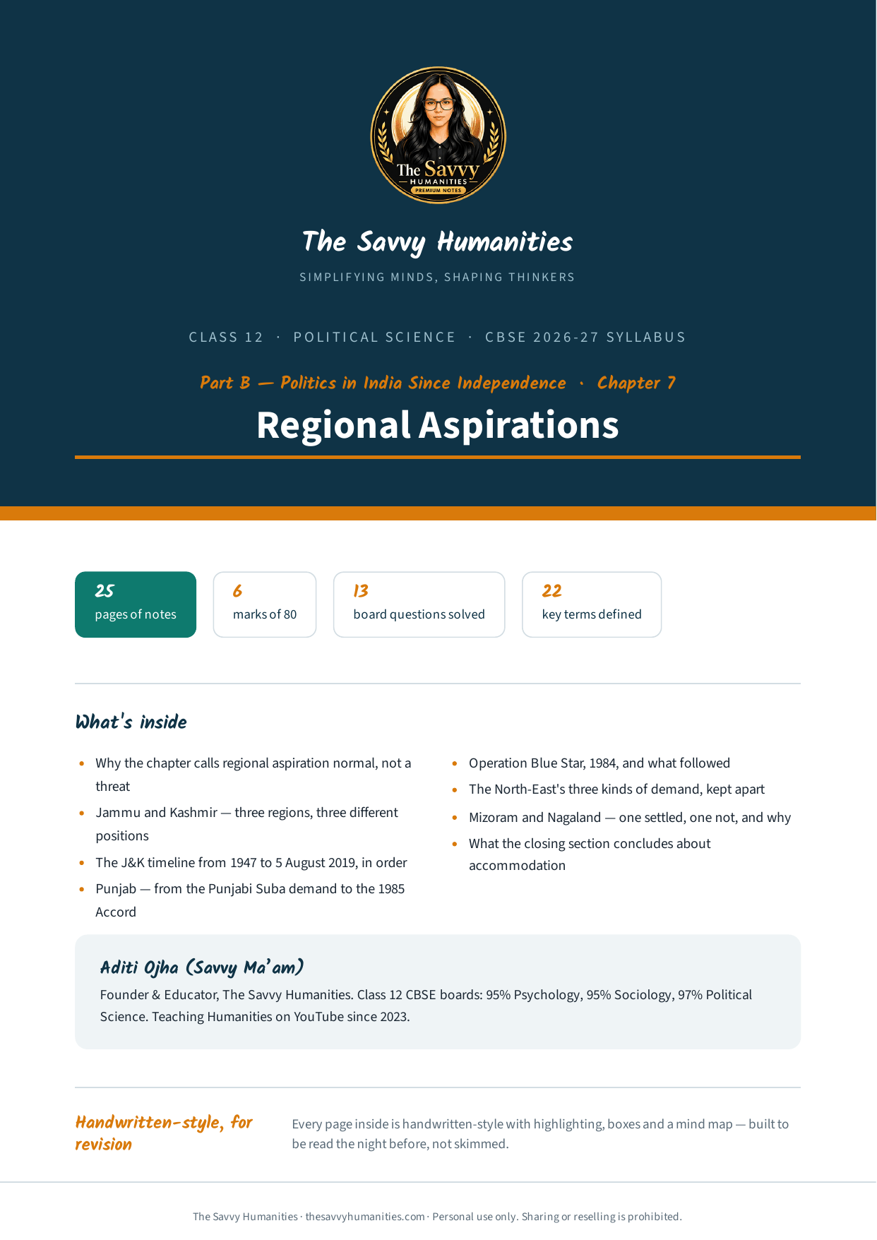 Class 12 Political Science Part B Chapter 7 — Regional Aspirations notes cover Cover of The Savvy Humanities Class 12 Political Science Part B Chapter 7 handwritten-style notes on Regional Aspirations, covering Jammu and Kashmir, Punjab and the North-East