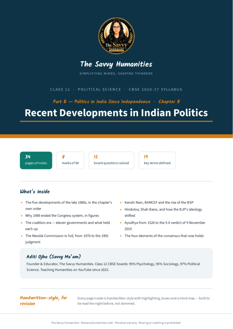 Cover of Class 12 Political Science Part B Chapter 8 notes — Recent Developments in Indian Politics, CBSE 2026-27, 34 pages