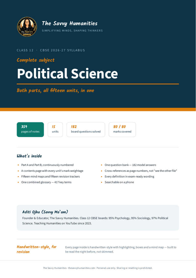 Cover of Class 12 Political Science complete notes — both parts, all 15 units, 359 pages, 182 board questions, 80 of 80 marks, CBSE 2026-27