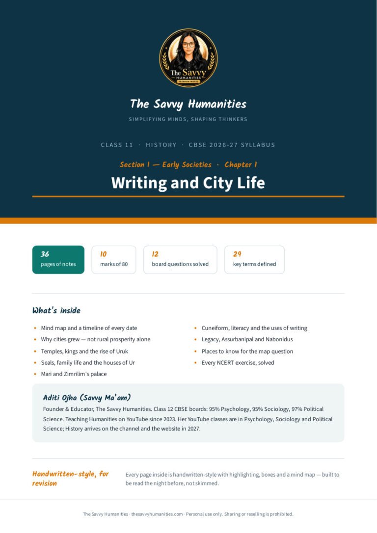 Class 11 History Chapter 1 notes cover — Writing and City Life, CBSE 2026-27 handwritten-style PDF by Aditi Ojha (Savvy Ma'am)