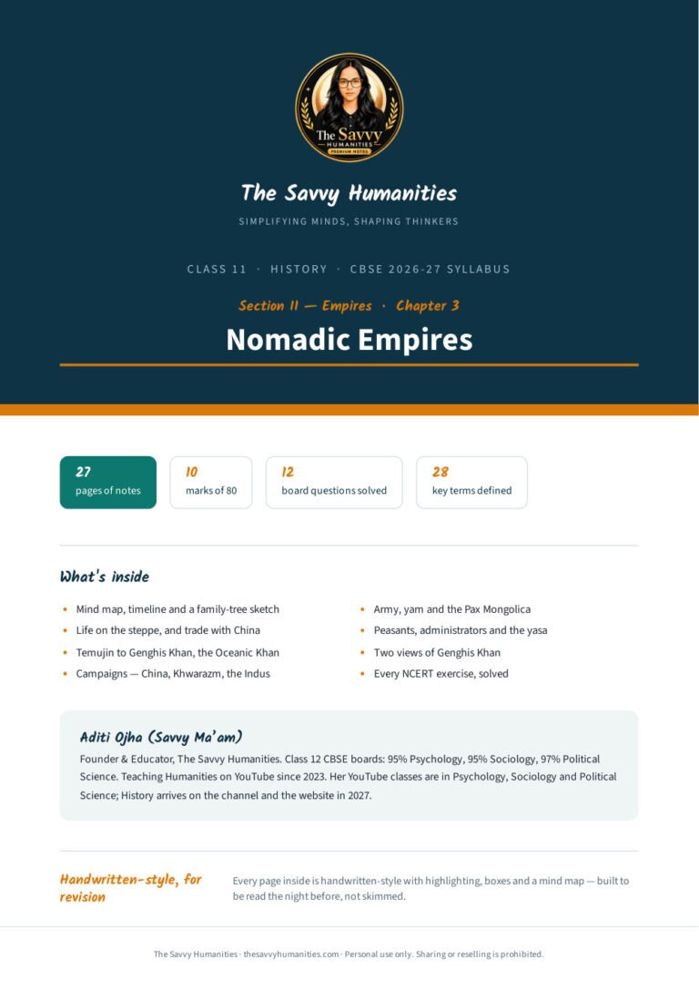 Class 11 History Chapter 3 notes cover — Nomadic Empires, CBSE 2026-27 handwritten-style PDF by Aditi Ojha (Savvy Ma'am)