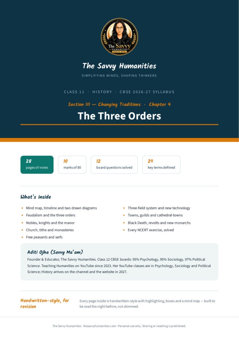 Class 11 History Chapter 4 notes cover — The Three Orders, CBSE 2026-27 handwritten-style PDF by Aditi Ojha (Savvy Ma'am)