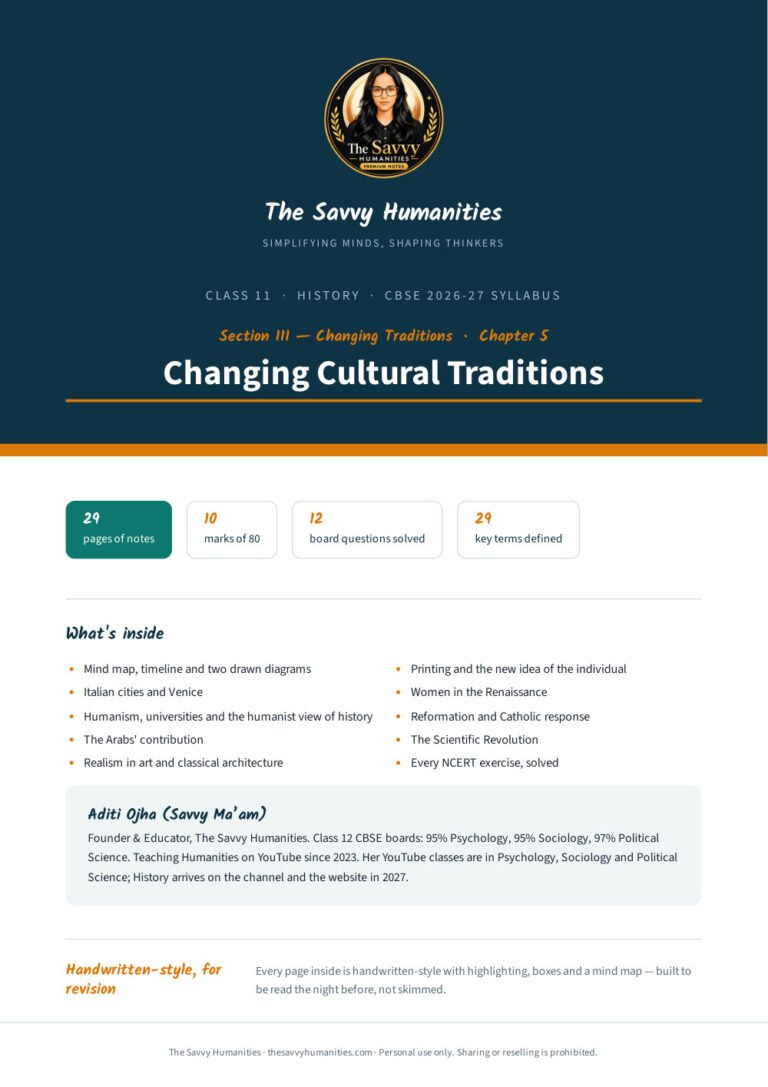 Class 11 History Chapter 5 notes cover — Changing Cultural Traditions, CBSE 2026-27 handwritten-style PDF by Aditi Ojha (Savvy Ma'am)