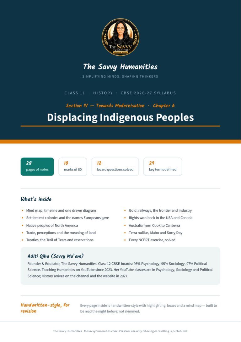 Class 11 History Chapter 6 notes cover — Displacing Indigenous Peoples, CBSE 2026-27 handwritten-style PDF by Aditi Ojha (Savvy Ma'am)