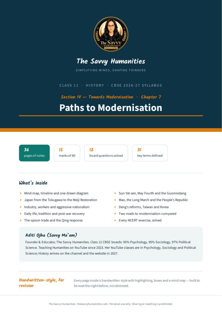 Class 11 History Chapter 7 notes cover — Paths to Modernisation, CBSE 2026-27 handwritten-style PDF by Aditi Ojha (Savvy Ma'am)