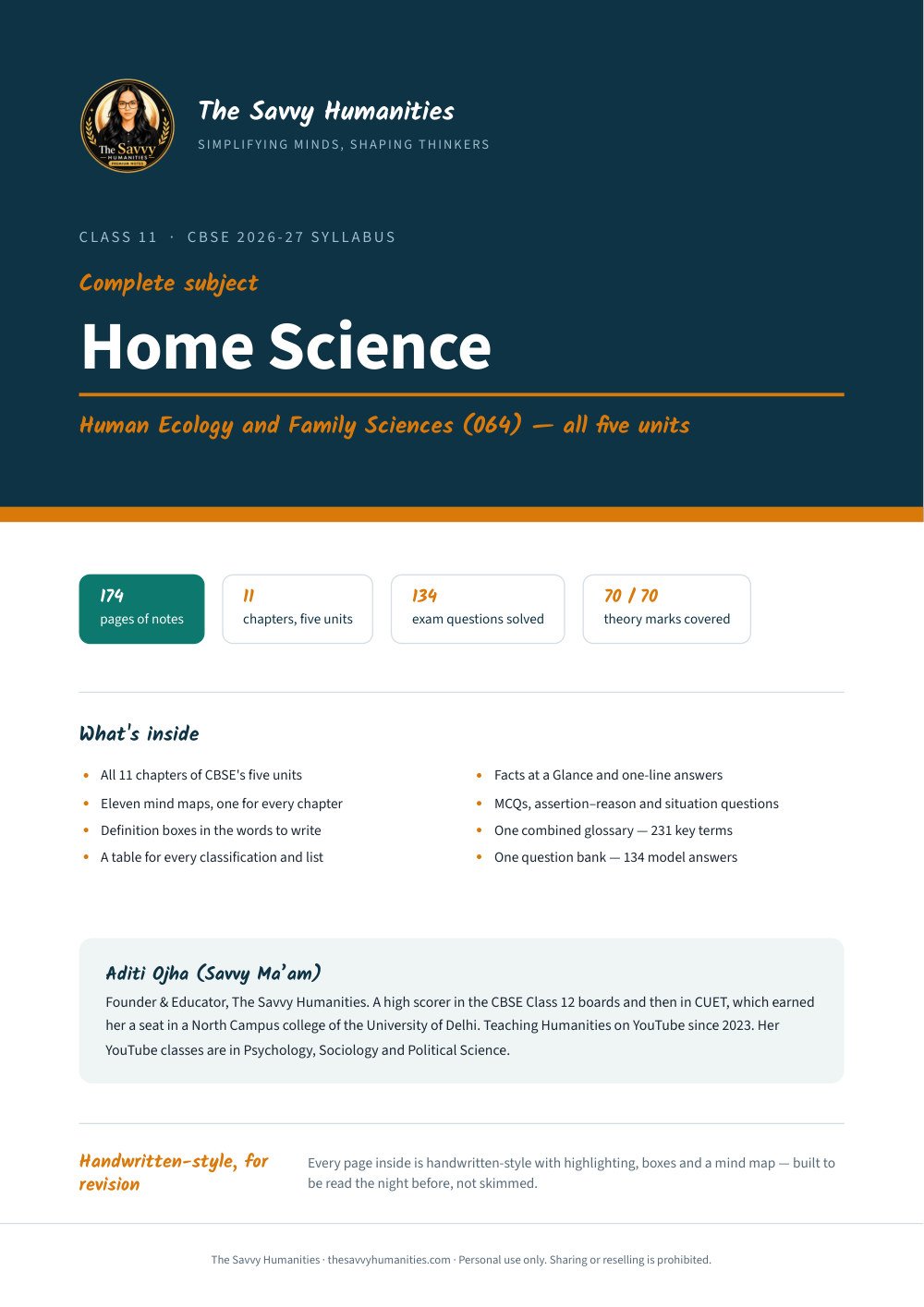Class 11 Home Science Complete Notes — All 11 Chapters (CBSE 2026-27) Class 11 Home Science complete notes cover — Human Ecology and Family Sciences, 11 chapters