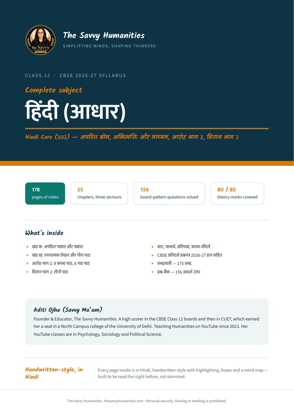 Class 12 Hindi Core (Aadhar) Complete Notes — All 25 Chapters (CBSE 2026-27) Class 12 Hindi Core (Aadhar) complete notes cover — Aroh Part 2 and Vitan Part 2, 25 chapters