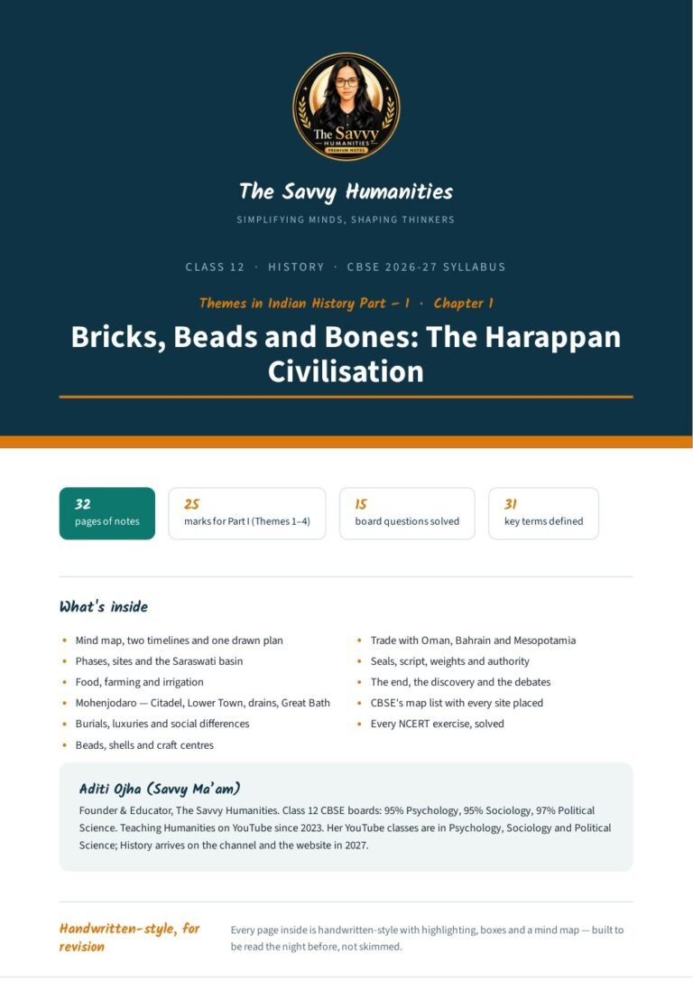 Class 12 History Chapter 1 notes cover — Bricks, Beads and Bones