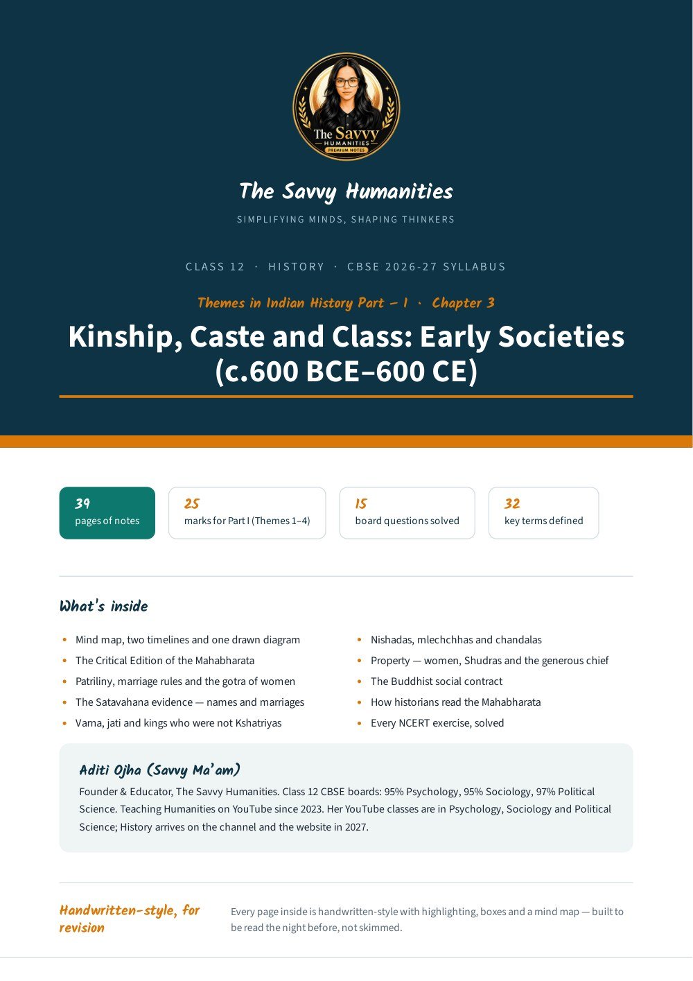 class 12 history chapter 3 notes cover — kinship, caste and class Class 12 History Chapter 3 notes cover — Kinship, Caste and Class