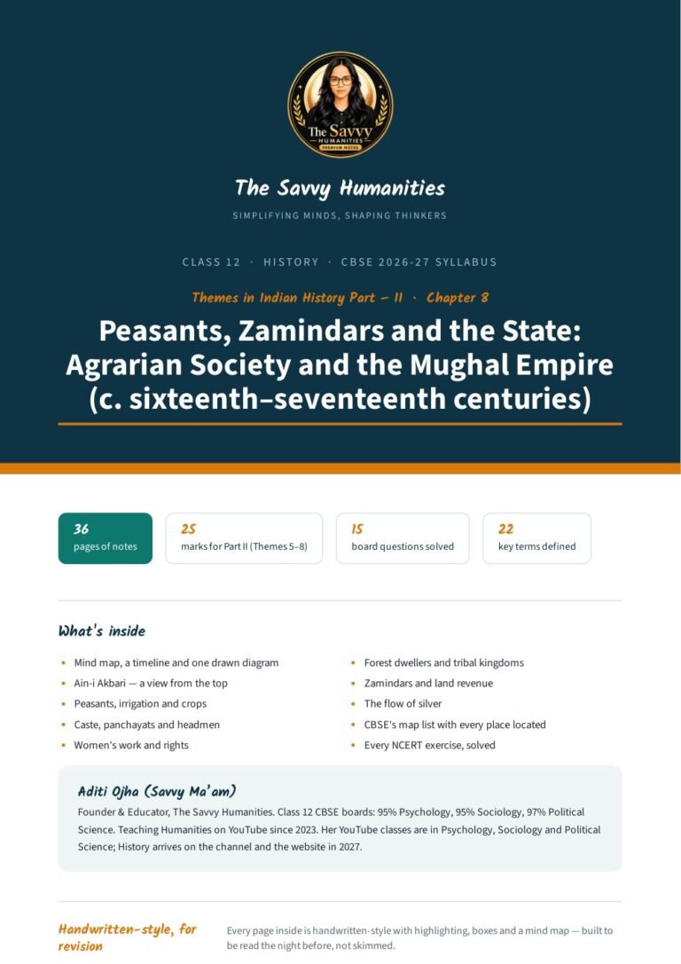 Class 12 History Chapter 8 notes cover — Peasants, Zamindars and the State