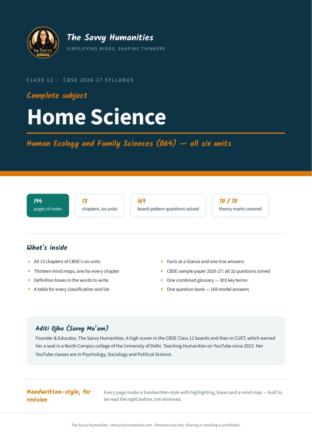 Class 12 Home Science Complete Notes — All 13 Chapters (CBSE 2026-27) Class 12 Home Science complete notes cover — Human Ecology and Family Sciences, 13 chapters