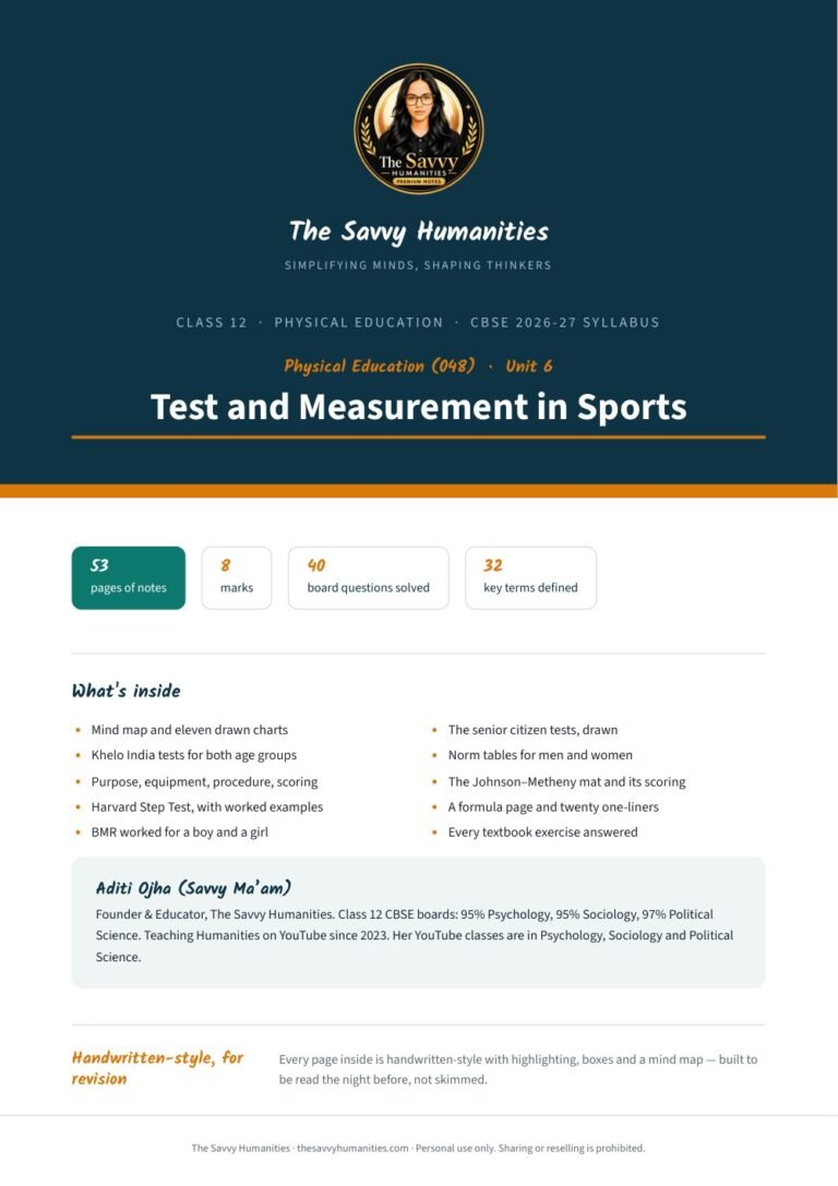 Class 12 Physical Education Chapter 6 notes cover — Test and Measurement in Sports