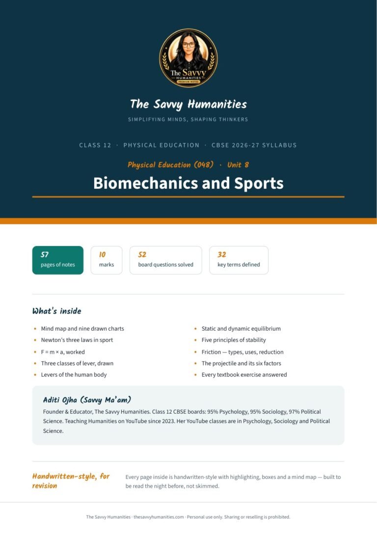 Class 12 Physical Education Chapter 8 notes cover — Biomechanics and Sports